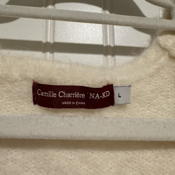 Camille Charriera NA-KD Knitted Deep V Neck Alpaca Wool Cream Sweater Size Large - Picture 4 of 7